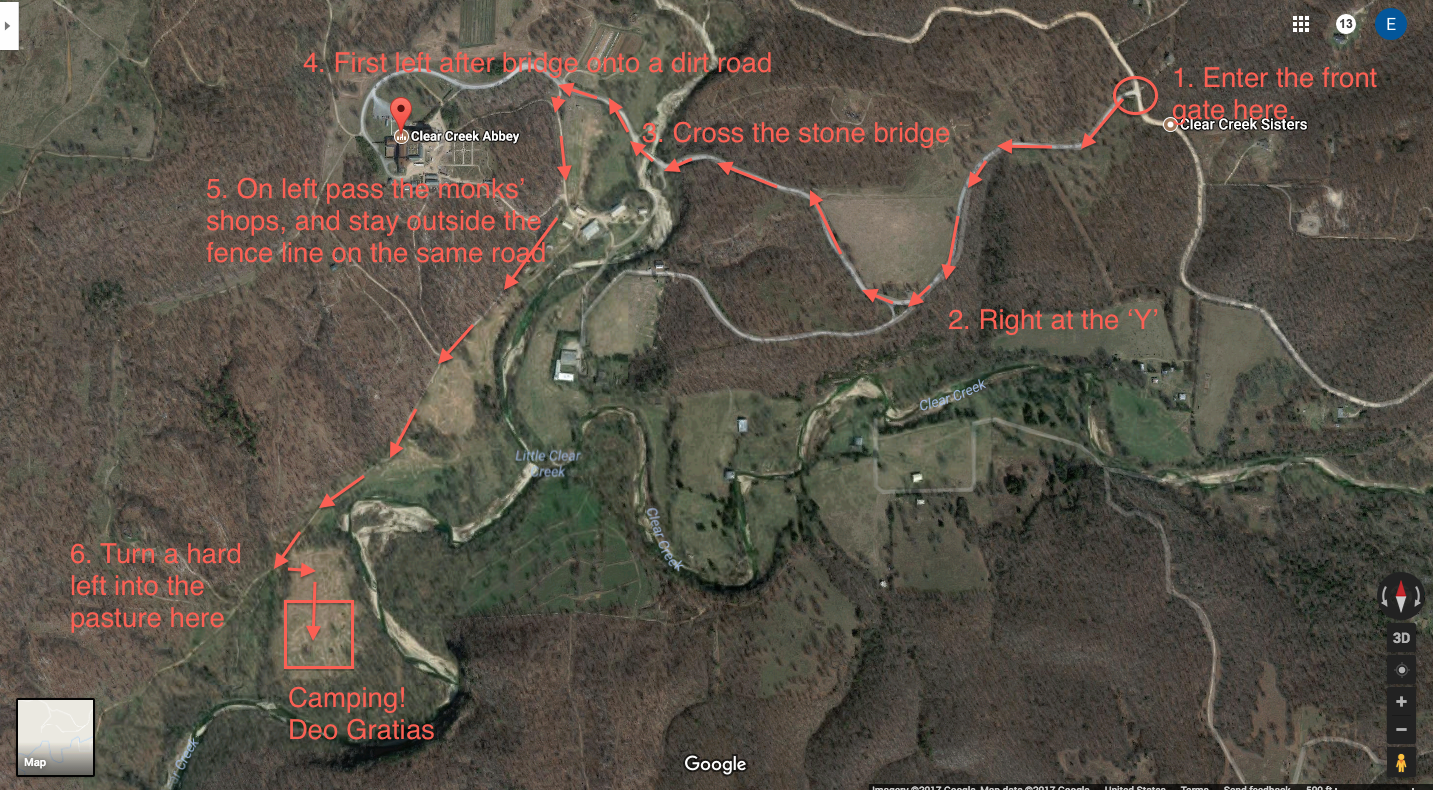 Annotated satellite map: enter the front gate, right at the Y, cross the stone bridge, first left after the bridge onto a dirt road, pass the monks' shops, hard left into the pasture to the campsite